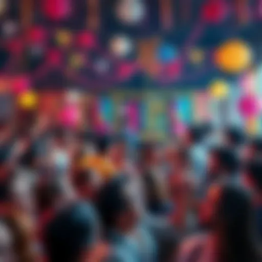 A joyful crowd gathered for a celebration, with colorful decorations and people smiling together.