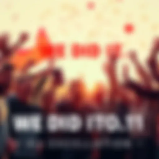 A group of excited people celebrating a milestone with banners and cheers, looking forward to the next goal of .11.