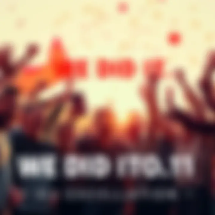 A group of excited people celebrating a milestone with banners and cheers, looking forward to the next goal of .11.