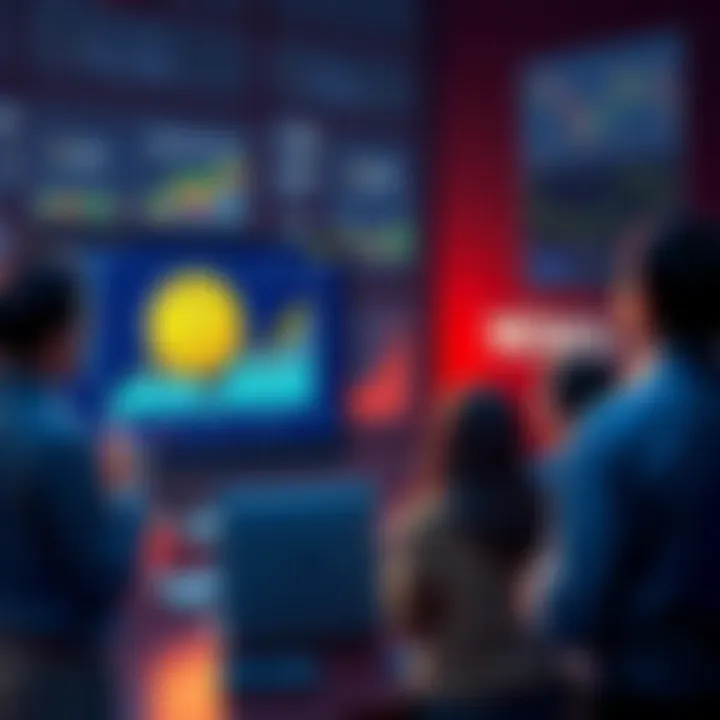 New Community-Driven Cryptocurrency Launch People gathering around a computer screen displaying a cryptocurrency logo and charts, discussing a new community-driven coin launch.