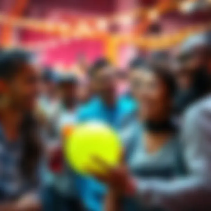 A group of people enjoying a community event, smiling and participating in fun activities together.