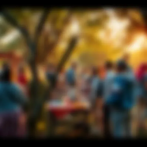 A vibrant community gathering with people engaging in activities and sharing ideas at a local park.