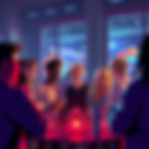 A group of people discussing ideas for new features like friends lists and clans, showing enthusiasm and engagement.