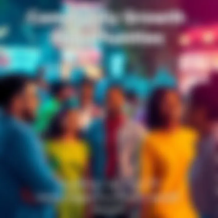 A vibrant community scene with diverse people discussing and exchanging ideas about exciting new opportunities for growth.