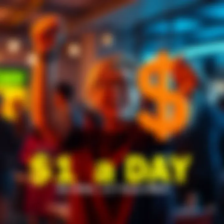 Community Member Celebrating Earning $1 a Day A joyful person holding a dollar sign, celebrating their success after 1.5 years of hard work,