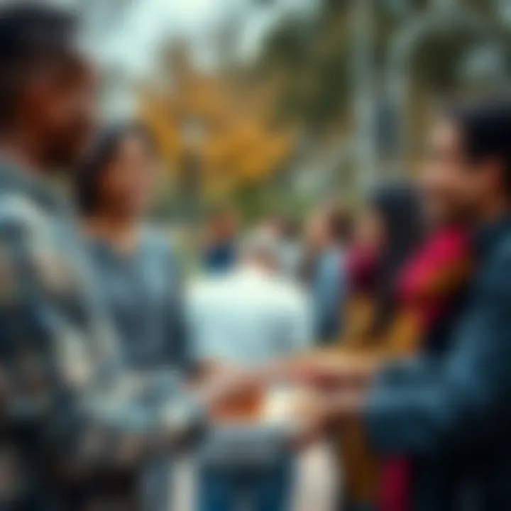 People sharing smiles and helping each other in a park, showcasing acts of kindness within the community.