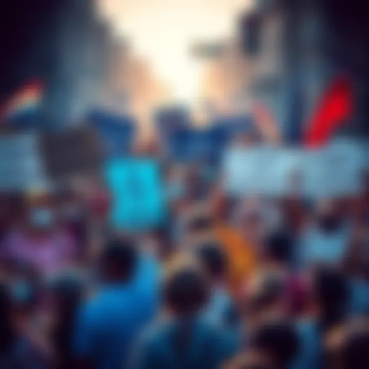 A diverse group of people rallying together, holding signs that show their support for Algorand, symbolizing hope and growth.