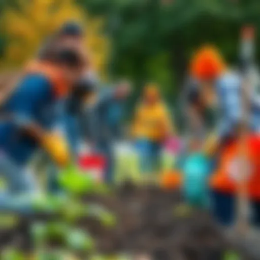A group of people planting trees and cleaning a park, showing community engagement and teamwork