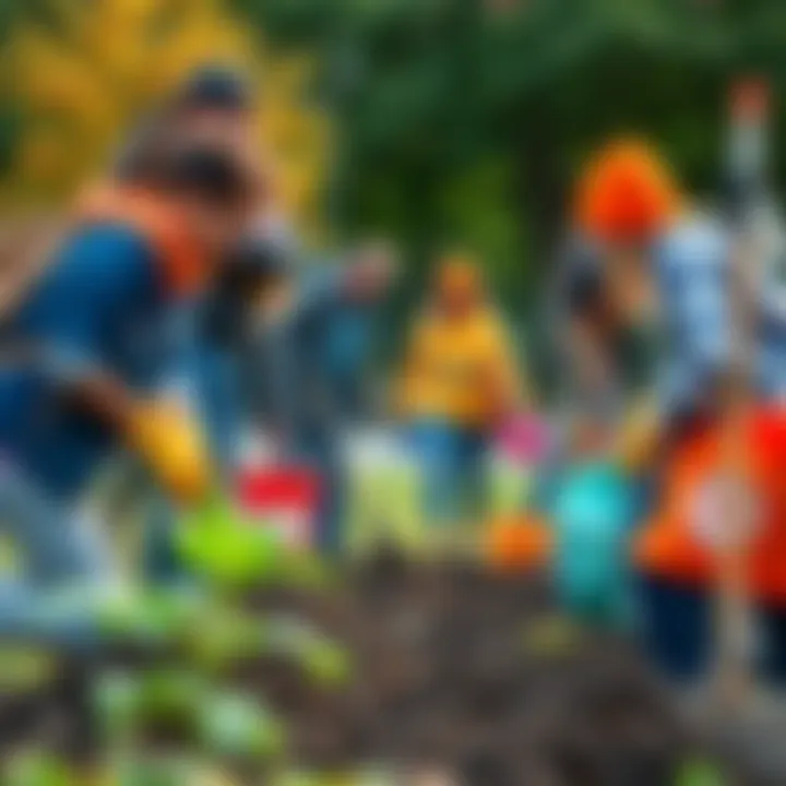 Community members volunteering together A group of people planting trees and cleaning a park, showing community engagement and teamwork