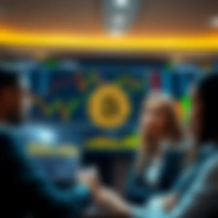 A group of diverse business people analyzing Bitcoin trends on a digital screen while showing interest in its value, with charts and graphs displayed in the background.