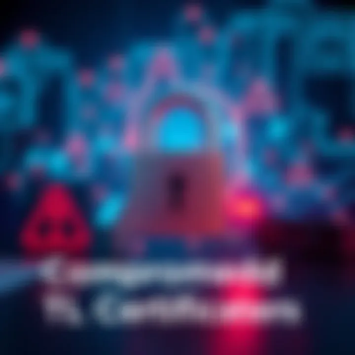 Compromised TLS Certificates A visual representation of computer security with a padlock and warning icons, symbolizing compromised TLS certificates and online safety concerns.