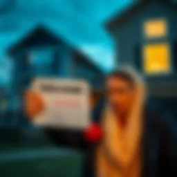 A worried homeowner holding a foreclosure notice in front of their house, with a distressed expression on their face, symbolizing the impact of high-interest money markets on mortgage investments.