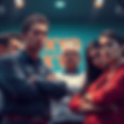 A group of worried investors discussing XYO redemption with furrowed brows and crossed arms, showing their frustration over the lack of information from the company.