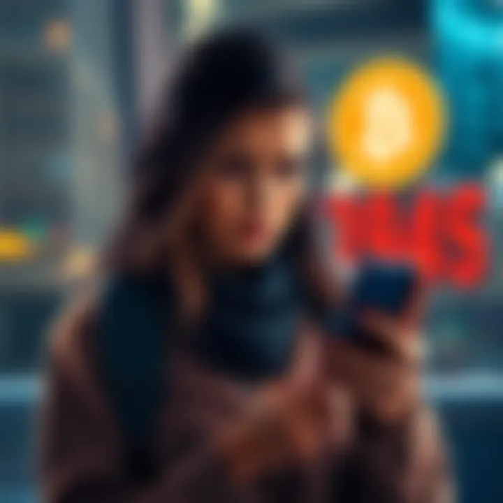 A worried woman checking Bitcoin prices on her phone, thinking about her investment and potential scam.
