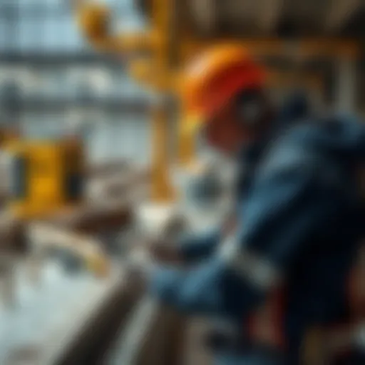 A construction worker examines new concrete materials and tech on a job site, with tools and equipment in the background.