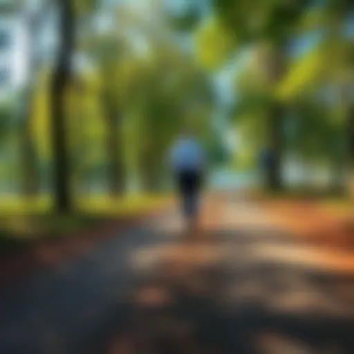 A person walking confidently along a path surrounded by trees, symbolizing a journey of personal and professional growth.