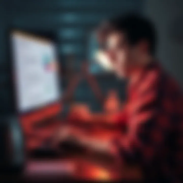 A frustrated person sitting at a desk, staring at a computer screen with emails about fees, showing confusion and concern over old service charges