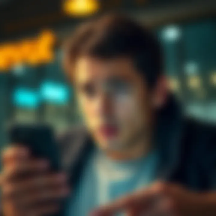 Confused person looking at a phone A person with a puzzled expression staring at a smartphone, highlighting confusion over referral bonus issues with Revolut.