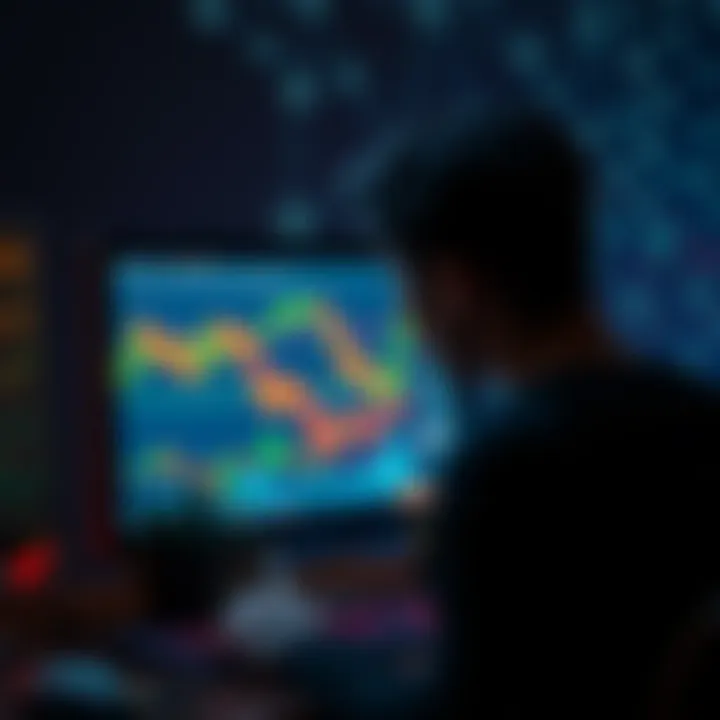 A person looking at a computer screen filled with cryptocurrency charts, feeling lost, while a network of connections is faintly visible in the background.