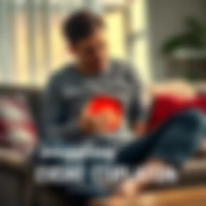 Person holding their stomach in discomfort A person sitting on a couch, holding their stomach and looking distressed, illustrating the struggle with severe constipation