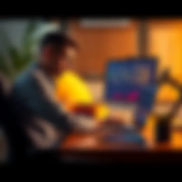 Consultation with Crypto Expert A person sitting at a desk with a laptop, looking stressed while reading about cryptocurrency, with charts and coins on the screen.