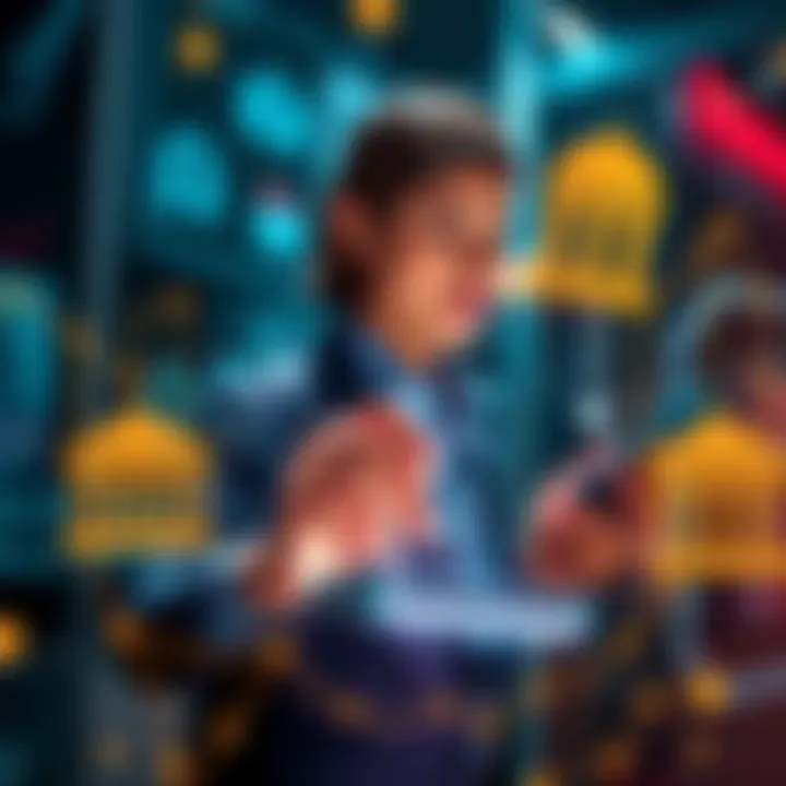 A businessperson using a digital device to make payments with stablecoins, surrounded by icons representing banks and digital currency