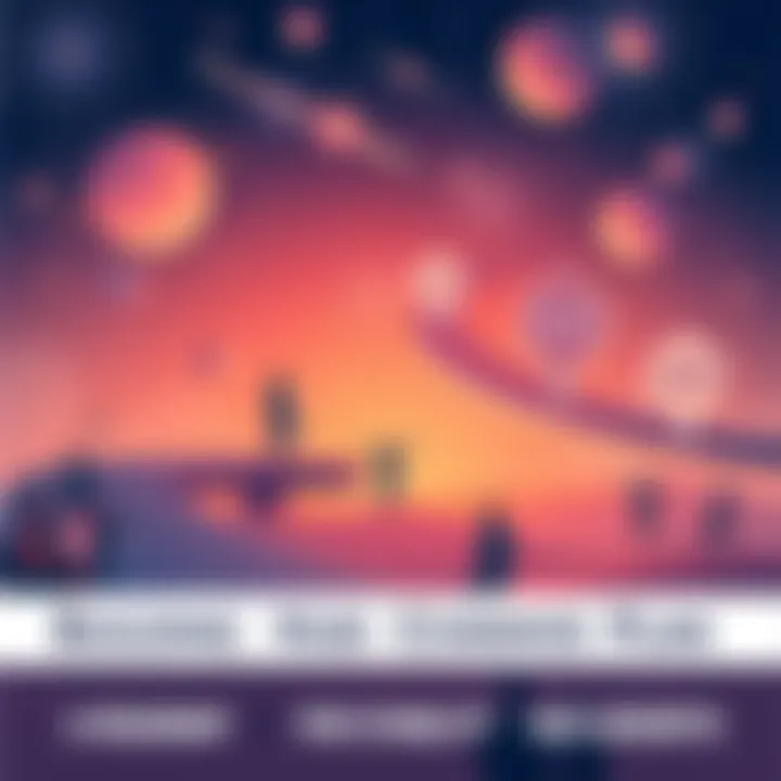 Illustration showing a roadmap with milestones representing stability and growth for the Cosmos Hub, surrounded by community elements like people collaborating and engaging together.