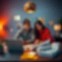 A couple sitting at a table, surrounded by financial documents and a laptop, contemplating their Bitcoin investment worth $14,000.