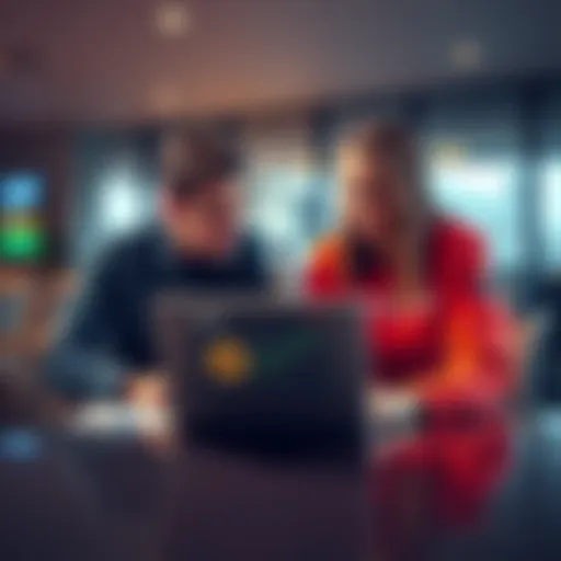 A couple sitting at a table, looking at a laptop displaying Bitcoin information with charts and visuals, engaging in a serious conversation about personal finance.