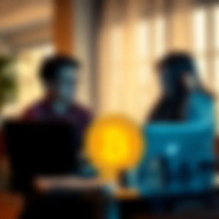 A couple sitting at a table reviewing Bitcoin prices on a laptop, showing interest and engagement in cryptocurrency investments, even during a market downturn.