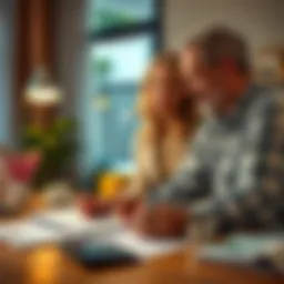 A couple discussing their early retirement plans over a table with financial documents and a calculator, looking determined and optimistic about their future.
