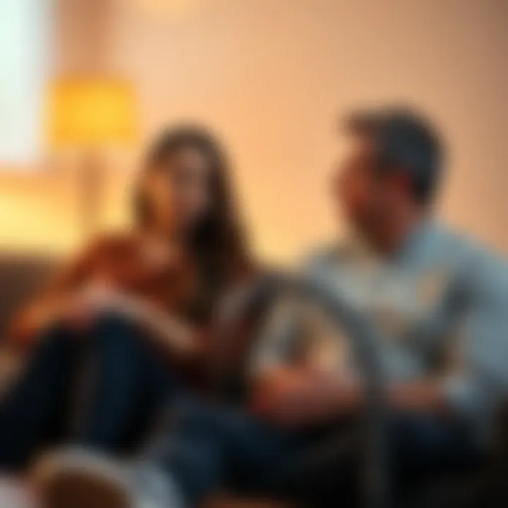 A couple sitting on a couch engaged in a serious discussion, looking concerned yet attentive to each other.