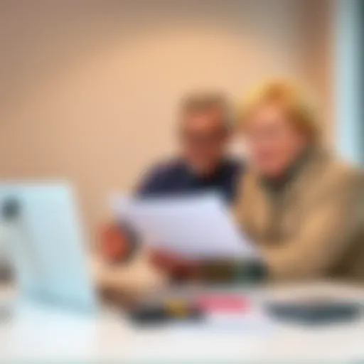 A couple sitting at a table with financial documents, discussing their retirement options, surrounded by a laptop and a calculator.