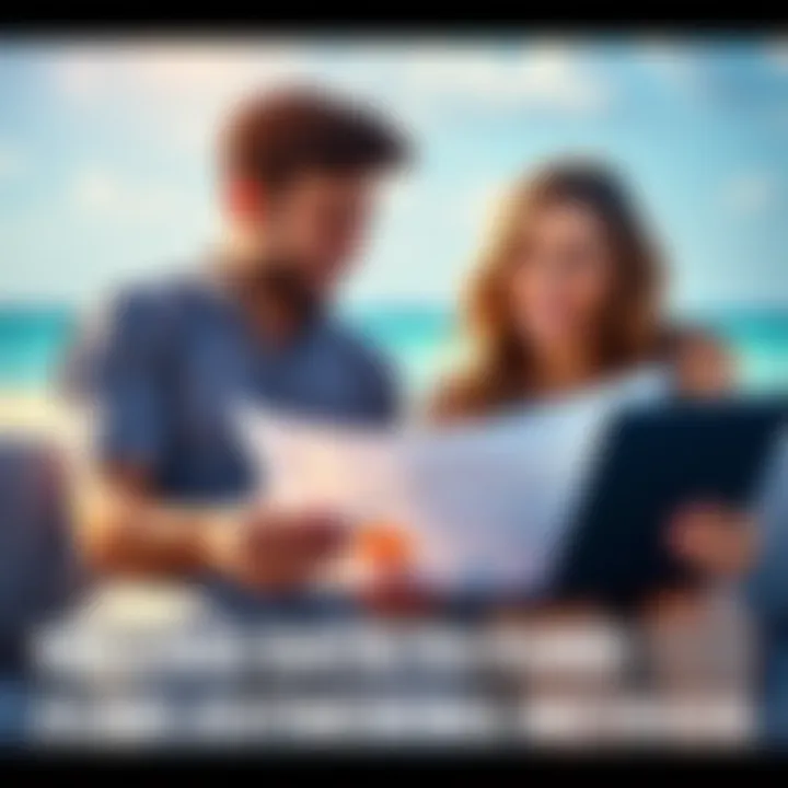 A happy couple looking at travel plans and Bitcoin charts on a laptop, excited about their upcoming vacation.