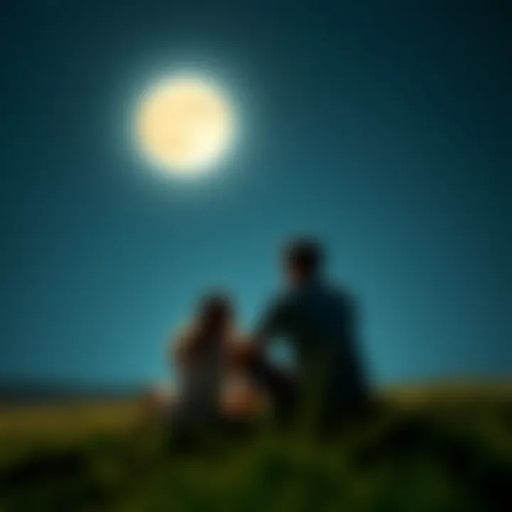 A couple sitting on the grass, sharing a moment under the bright moonlight, surrounded by stars.