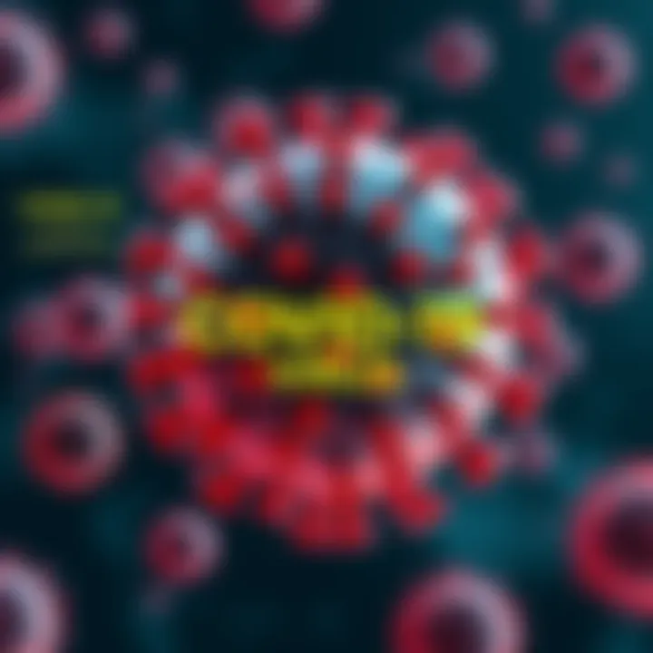 Graphic showing the spread of the COVID-19 virus with virus icons and health guidelines