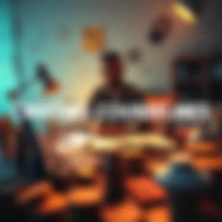 An artist crafting headlines at a desk with notes and a laptop, surrounded by inspiration notes and community symbols.