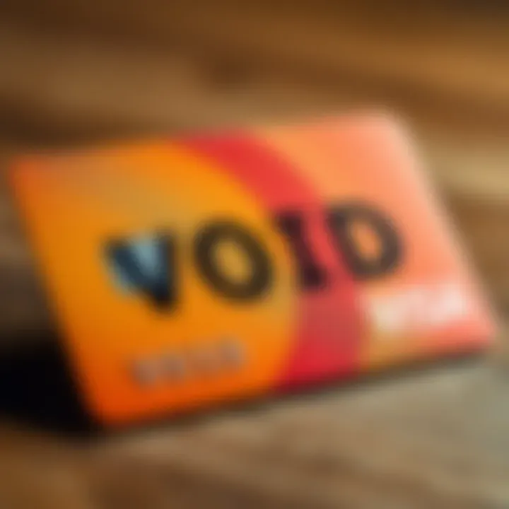 A credit card marked 'VOID' A close-up of a credit card with the word 'VOID' printed across it, showing potential risks associated with its use.