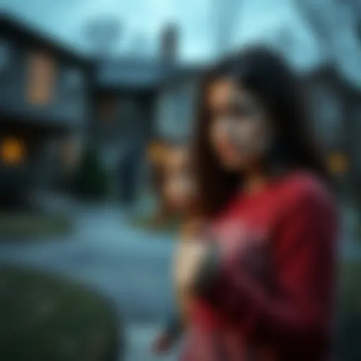 A single mother looks worried while holding her daughter's hand at a rural condo, with a shadowy figure lurking in the background.
