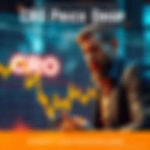 A chart showing the decline in CRO cryptocurrency value with a shocked investor looking at it