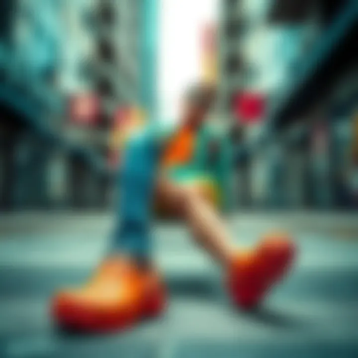 A stylish individual sporting colorful Crocs in a vibrant urban setting, showcasing the blend of comfort and trendiness.