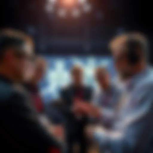 A group of cryptocurrency experts discussing artificial intelligence technology at a conference