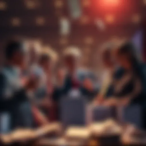 A group of wealthy individuals discussing political strategies, surrounded by symbols of democracy like ballots and money