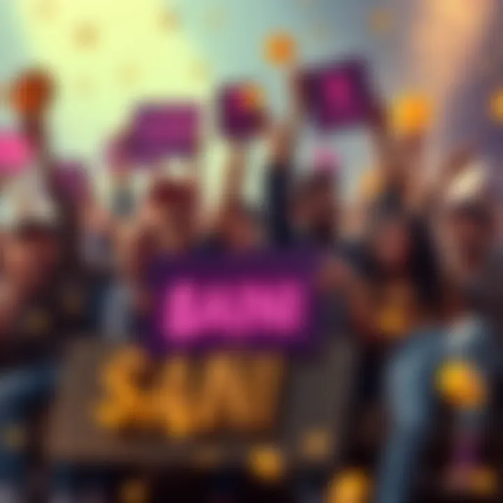 A diverse group of people joyfully celebrating their loyalty to the crypto game, holding signs and digital tokens, symbolizing community and shared experiences in the market.