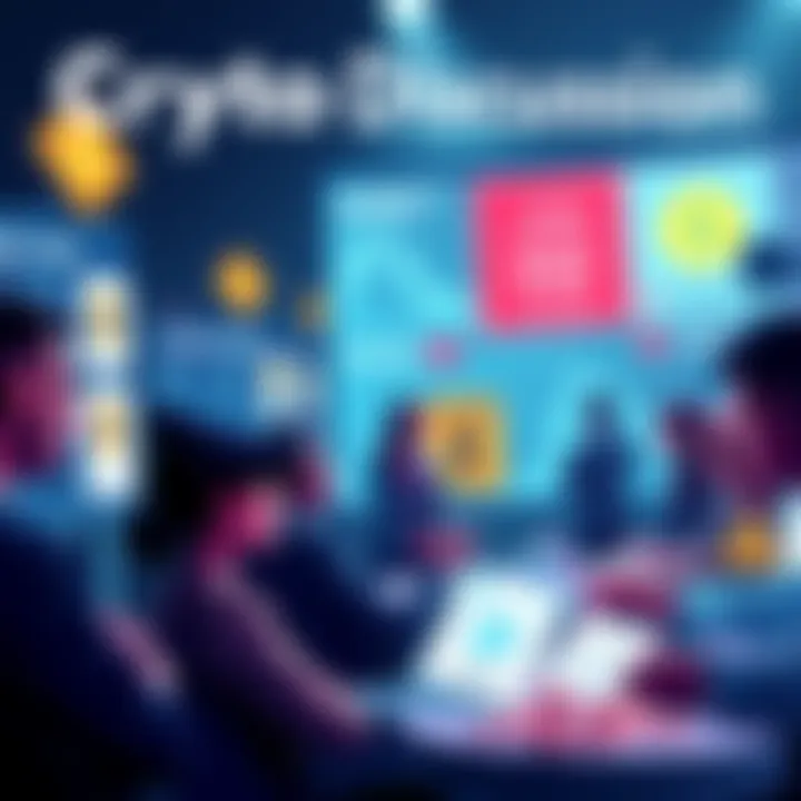 A group of people discussing cryptocurrency with caution signs and tips displayed