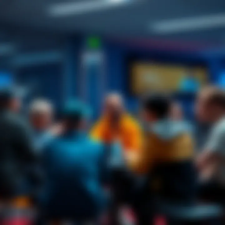 A diverse group of people discussing cryptocurrency trends and tips in a casual setting.