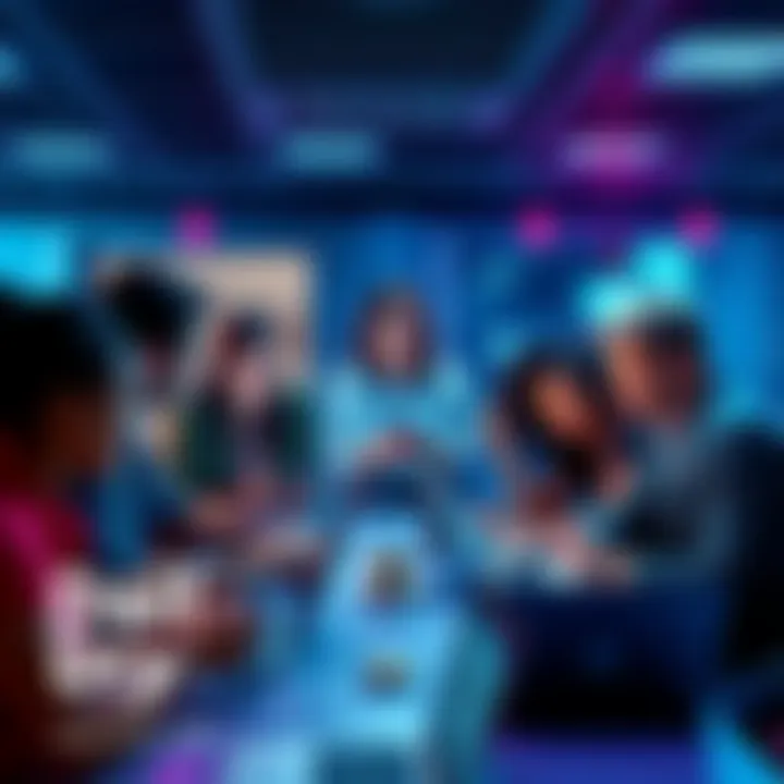 A diverse group of people engaging in a lively discussion about cryptocurrency with laptops and smartphones.