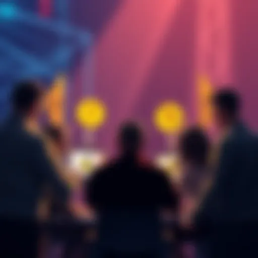 A group of people discussing cryptocurrency with caution signs around them