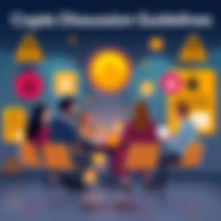 A digital illustration showing people discussing cryptocurrency with caution signs and security symbols, highlighting the importance of safe sharing and respectful communication.