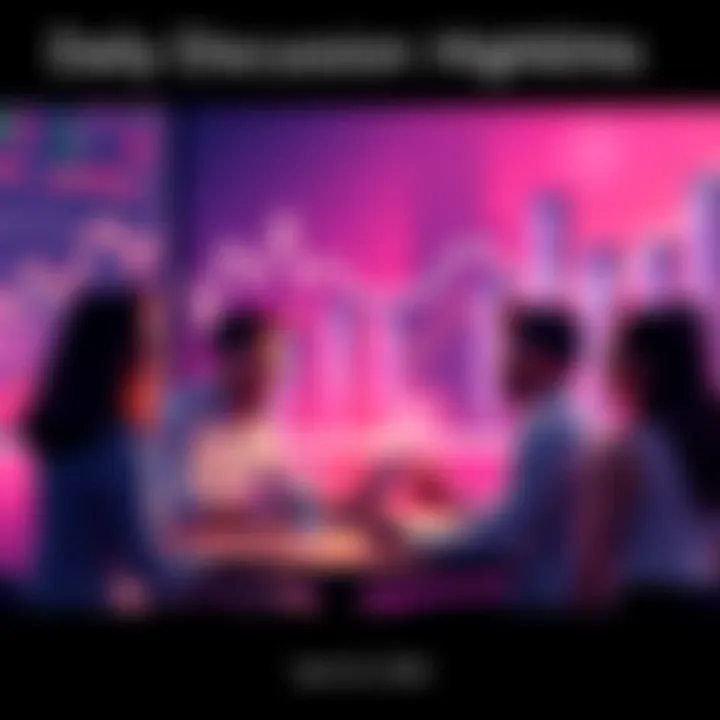 A group of people engaging in a lively discussion about cryptocurrency trends, with charts and graphs in the background.